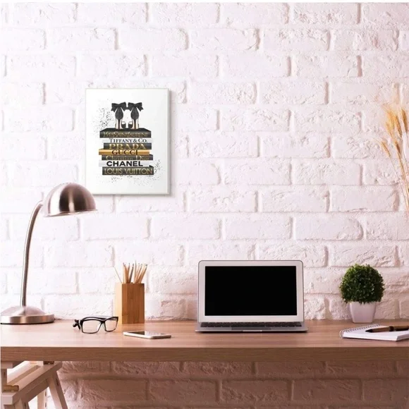 Wall decor Black Heels White Gold Bookstack Glam Fashion Design, 17.5 x 21.5”